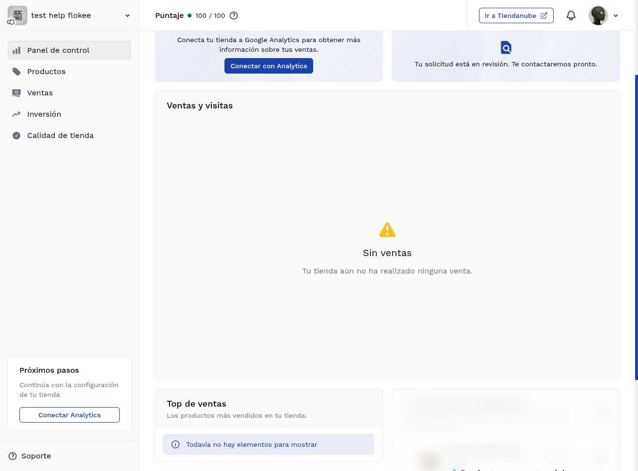 Panel mostrando solicitud en revisión