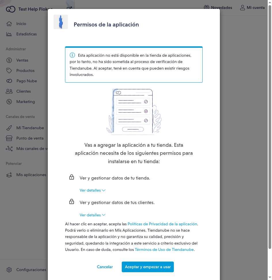 Diálogo de autorización de Tiendanube